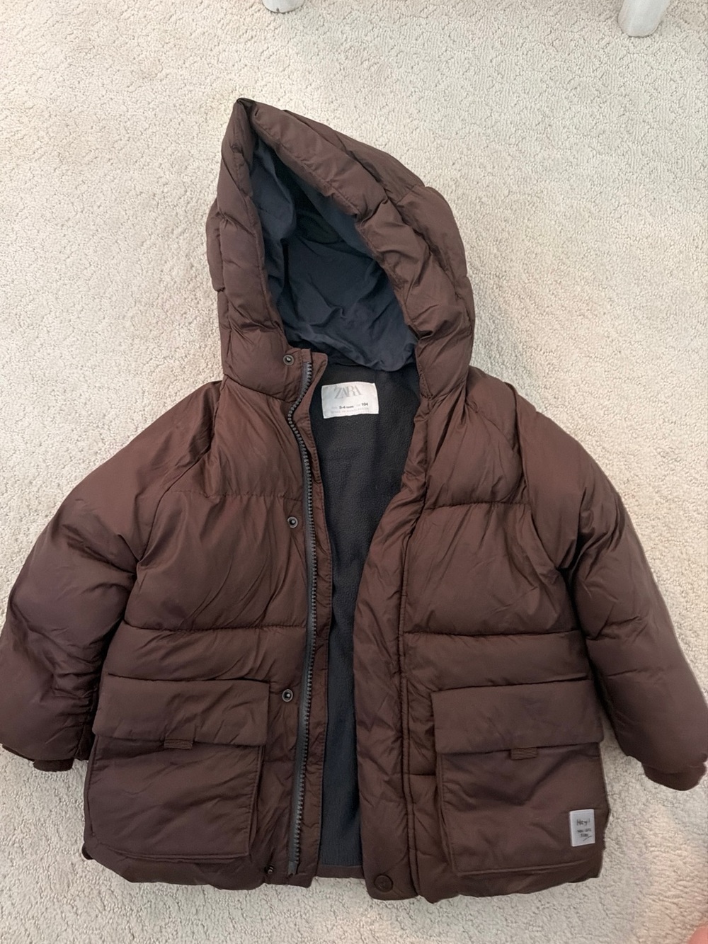 Zara Kids Chocolate Brown Hooded Puffer Coat Fleece Lined 3-4 Years 104cm